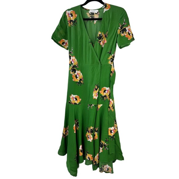 A.L.C. 100% Silk Cora Wrap Dress Green Floral Tie V-Neck SS Women's Size 4 ALC - Picture 2 of 16